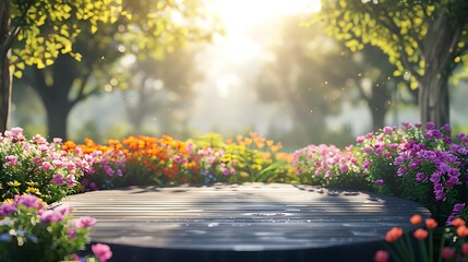 Outdoor podium background set in a picturesque garden. Lush greenery and colorful flowers surround the podium. Natural sunlight with dappled shadows creates a serene setting