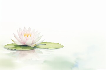 A single white water lily blooms on a calm pond, its reflection shimmering on the water's surface. , watercolor style