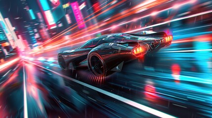 Futuristic car driving at high speed on the track with neon lights in the background. The car was sleek and shiny, and was moving very fast