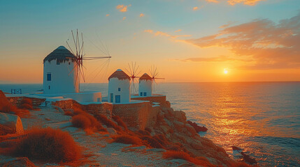 #Mykonos, mills at sunset. image with #copyspace