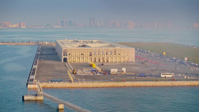 Doha, Qatar- Jan 14 2024, Aerial view of the new cruise terminal of the port of Doha, at daytime, 4k, Doha, Qatar