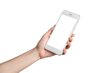 Hand holding smartphone mockup of blank screen for graphic display montage.