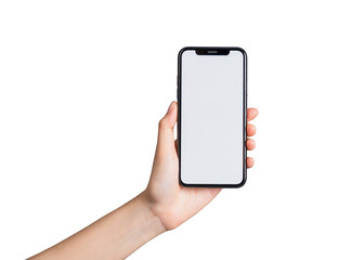Hand holding smartphone mockup of blank screen for graphic display montage.