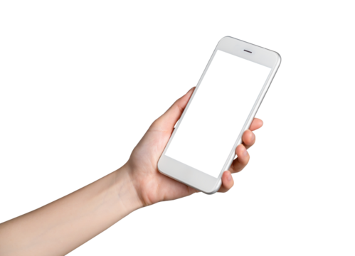 Hand holding smartphone mockup of blank screen for graphic display montage.