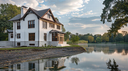 Fototapeta premium Side rear view of a newly constructed craftsman style white house with brown accents, located by a tranquil lake, highlighting minimalist and elegant design.