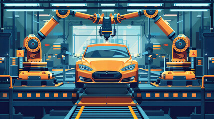 Simplified vector scene of a car manufacturing plant with robotic arms precisely assembling vehicles. The illustration emphasizes the efficiency and technological advancements of automotive robotics