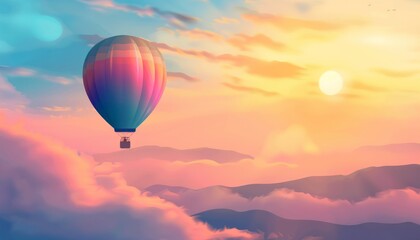 Fototapeta premium Dawn's Tapestry: A Study of a Colorful Hot Air Balloon Floating in the Sunrise