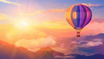 Fototapeta premium Dawn's Painted Sky: Exploring the Background of a Colorful Hot Air Balloon Flight at Sunrise
