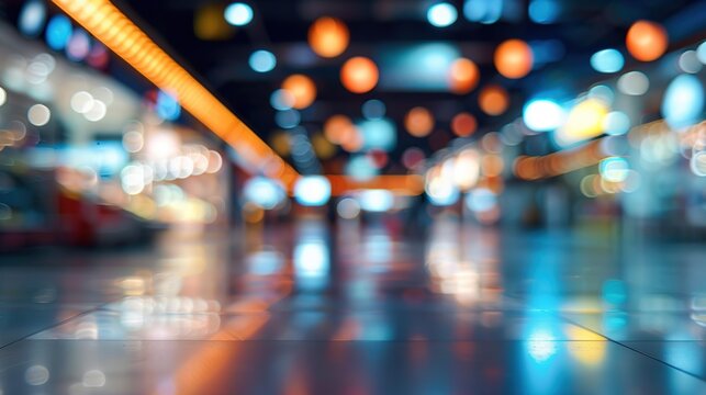 Blurry background of supermarket with bright multicolored lights illuminating the produce section.