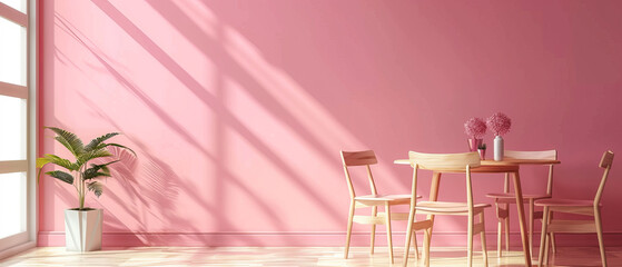 Contemporary Dining Room with Solid Pink Wall and Minimalist Furniture Set in Clear Detail