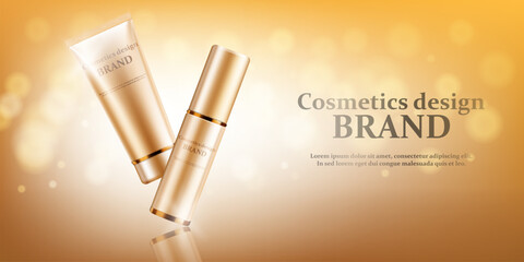 Gold cosmetic bottles mockup on a gold background, vector illustration