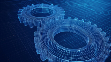 Vector wireframe illustration of a gear on a dark blue background. Mechanical technology machine engineering symbol. Project development, engine work, business plan illustration