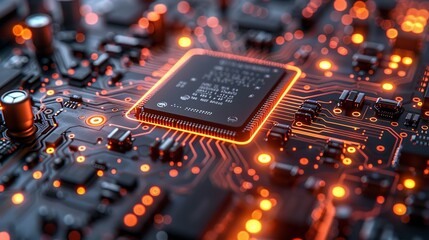 Detailed view of a circuit board with glowing components, symbolizing the complexity and sophistication of modern electronics. Minimal and Simple,