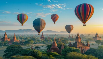 Obraz premium Enchanting Sunrise: Hot Air Balloons Soar Over Bagan Temples in Myanmar