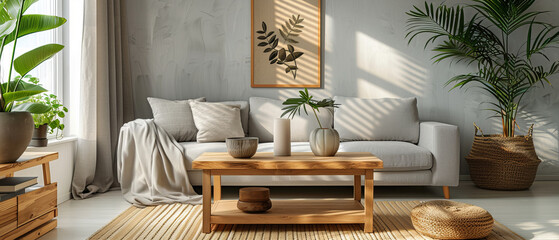 Obraz premium Comfortable Modern Living Room with Grey Sofa and Wooden Coffee Table Creating a Cozy Atmosphere
