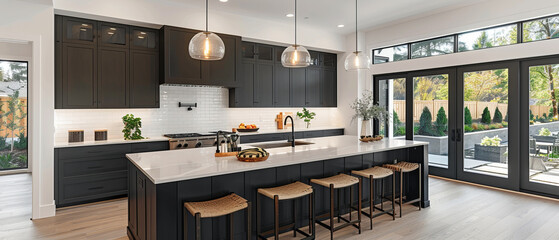 Contemporary Kitchen Design with Spacious Island, Black Cabinets, and White Accent Wall for Functional Elegance