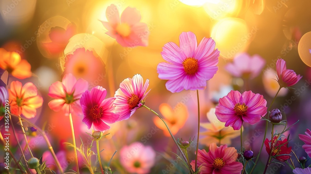 Wall mural pink cosmos flowers in sunset