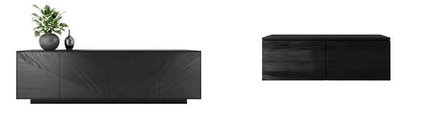 Black Sideboard Set Isolated on Transparent or White Background, PNG