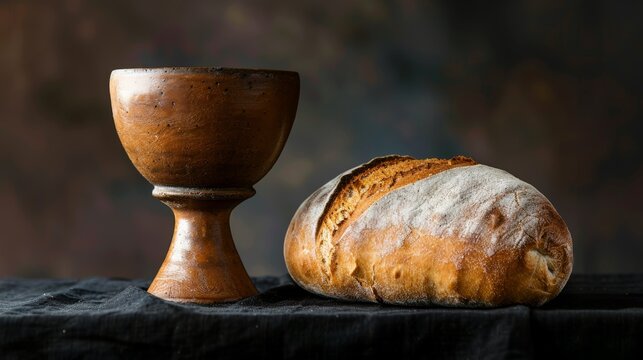 Clay chalice and bread rest against black backdrop with space for copy.