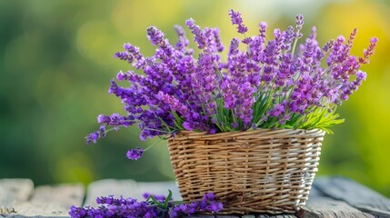 Freshly picked lavender in a basket, rustic setting, bright colors