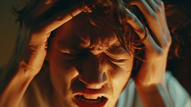 Close-up of young man grimacing in pain from intense migraine or headache, cradling his head.