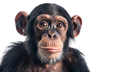 Close-up of a chimpanzee's face with a white background, highlighting its expressive eyes and detailed features. Animal portrait photography.on transparent background