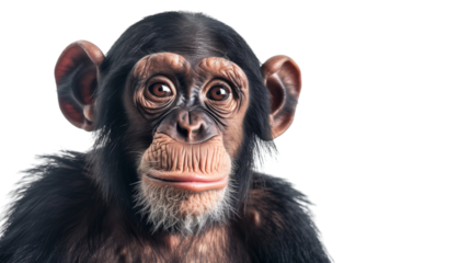 Close-up of a chimpanzee's face with a white background, highlighting its expressive eyes and detailed features. Animal portrait photography.on transparent background
