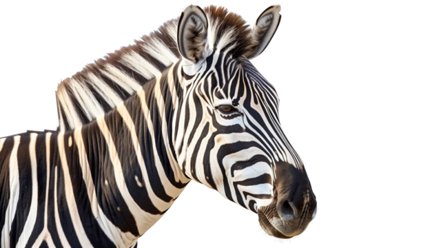 Close-up image of a zebra's head with distinctive black and white stripes on a transparent background, perfect for wildlife and nature content.