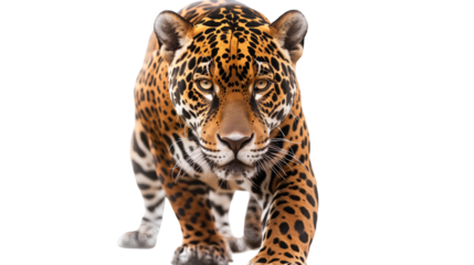 Close-up of a majestic jaguar walking towards the camera on a white background, showcasing its stunning fur pattern and intense gaze.on transparent background