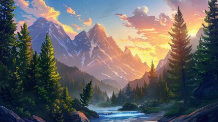 Enchanting cartoon forest scene with majestic mountains, flowing river, lush fir trees, and vibrant sunrise or sunset.