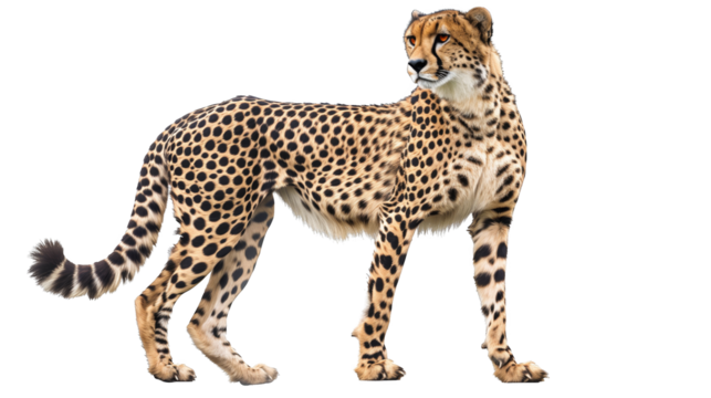 Majestic cheetah standing on alert, displaying its slender and agile body with distinctive spots and a focused gaze.on transparent background