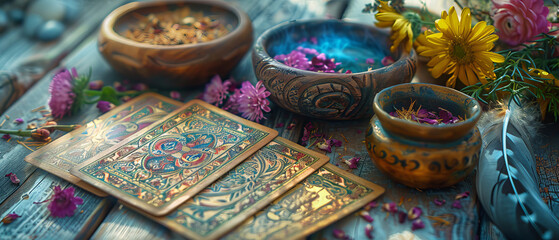 Fototapeta premium Mystical Fortune Telling Cards on Rustic Wooden Surface with Herbs and Feathers