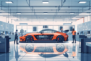 Fototapeta premium Vector style illustration of an automotive design studio with designers working on new car models. The minimalistic design focuses on innovation and creativity in automotive design, using streamlined