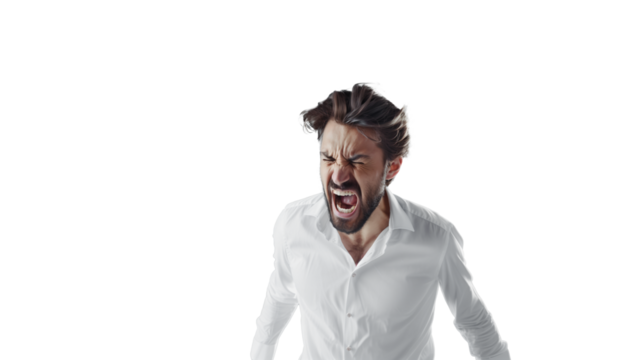 Man in white shirt with beard, dark brown hair and short haircut angrily yelling isolated on transparent background