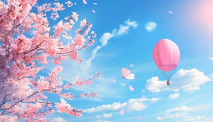 Obraz premium Cherry Blossom Balloon Soaring Amidst a Blue Sky