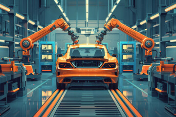 Simplified vector scene of a car manufacturing plant with robotic arms assembling vehicles. The illustration highlights the precision and efficiency of automotive robotics and advanced manufacturing