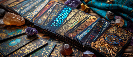 Mystical Fortune Telling Cards Surrounded by Crystals and Runes Close-Up Shot
