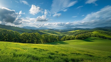 Fototapeta premium Lush green landscape extends beneath an expansive and azure sky.