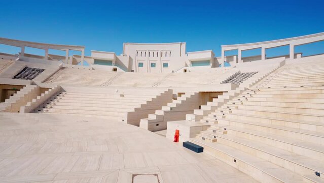 Doha, Qatar- Jan 14 2024, 4k, Panoramic view of the interior of the amphitheater at Katara cultural village, at daytime, no people, Doha, Qatar