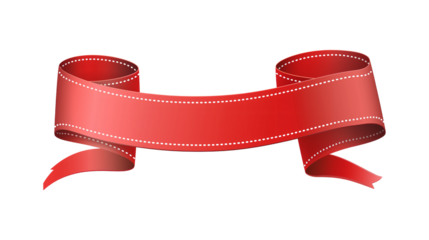 Red ribbon banner with white stitching isolated on transparent background