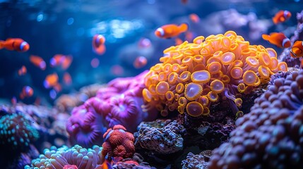 An underwater scene showcasing a vibrant coral reef, teeming with colorful fish, sea anemones, and other marine life, highlighting the beauty of aquatic ecosystems. Minimal and Simple,
