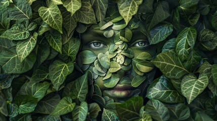 Obraz premium A captivating depiction of human connection with nature, symbolized by a face formed by various shades of green leaves and foliage