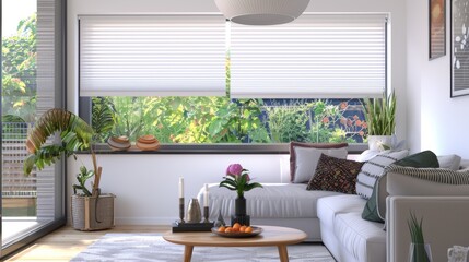 Pleated privacy shades with 50mm folds in white, fitted in apartment window opening.