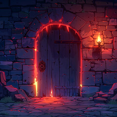 Castle dungeon with old wooden door. illustration of medieval building stone wall locked prison entrance