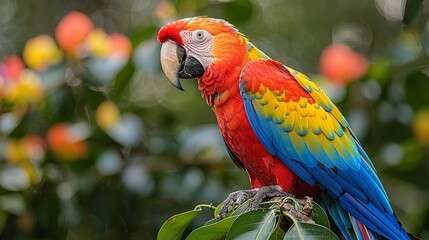 A colorful parrot perched on a tropical tree branch, with vibrant green leaves and exotic flowers in the background, showcasing the beauty of avian wildlife. Minimal and Simple,