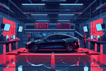 Minimalist vector scene of a performance testing facility with a car on a dynamometer. Engineers analyze data on screens, emphasizing vehicle safety features and performance testing with clean lines