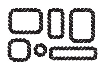 Vector rope frames. Silhouette borders are round, oval and square. Pack of isolated elements on a white background.