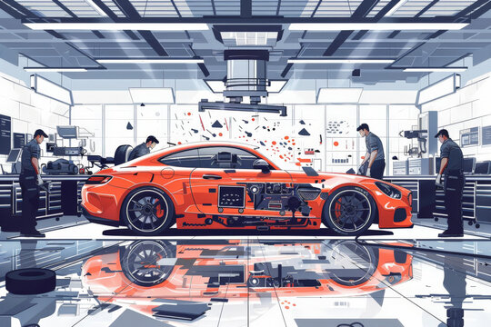 Vector depiction of a car customization workshop with mechanics modifying a vehicle. The illustration showcases creativity and personalization in car customization using clean lines and vibrant