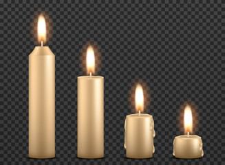 Set of realistic burning candles isolated on a transparent background.