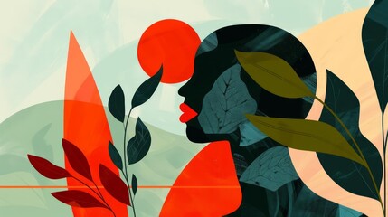 An abstract and minimalist illustration showcasing the harmonious relationship between humans and the environment, with a focus on organic shapes and textures